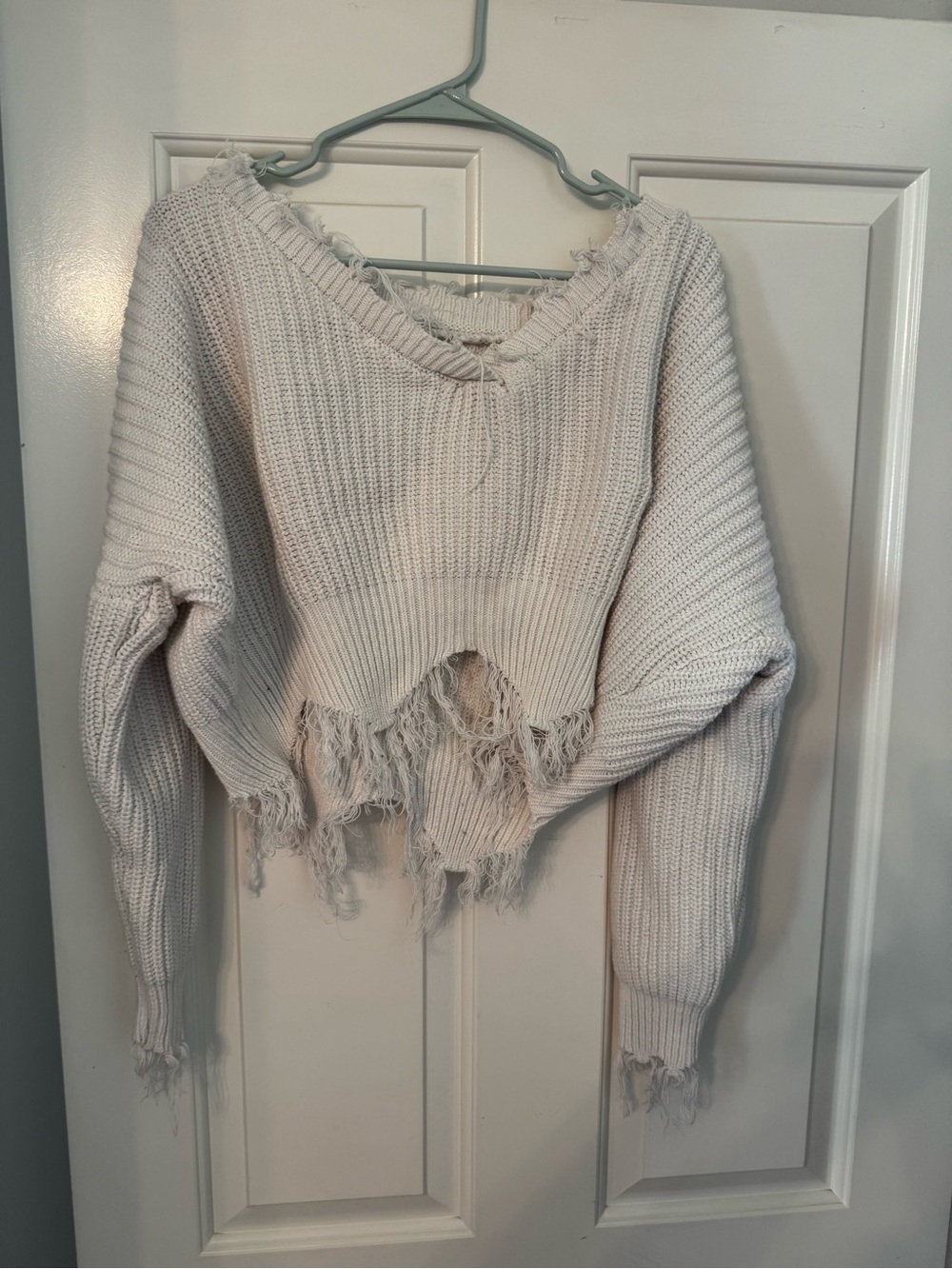 Distressed Cream Cropped Knit Sweater - Women